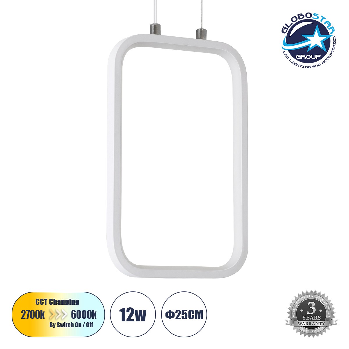 GLOBOSTAR® DEROBA 61299 Μοντέρνο Κρεμαστό Φωτιστικό Οροφής LED 12W 1320lm 360° AC 220-240V IP20 Ρυθμιζόμενο Λευκό CCT με On/Off 2700K/4500K/6000K - Lumileds SMD Chip - Λευκό Ματ - Μ16 x Π1.6 x Υ25.5cm - 3 Χρόνια Εγγύηση