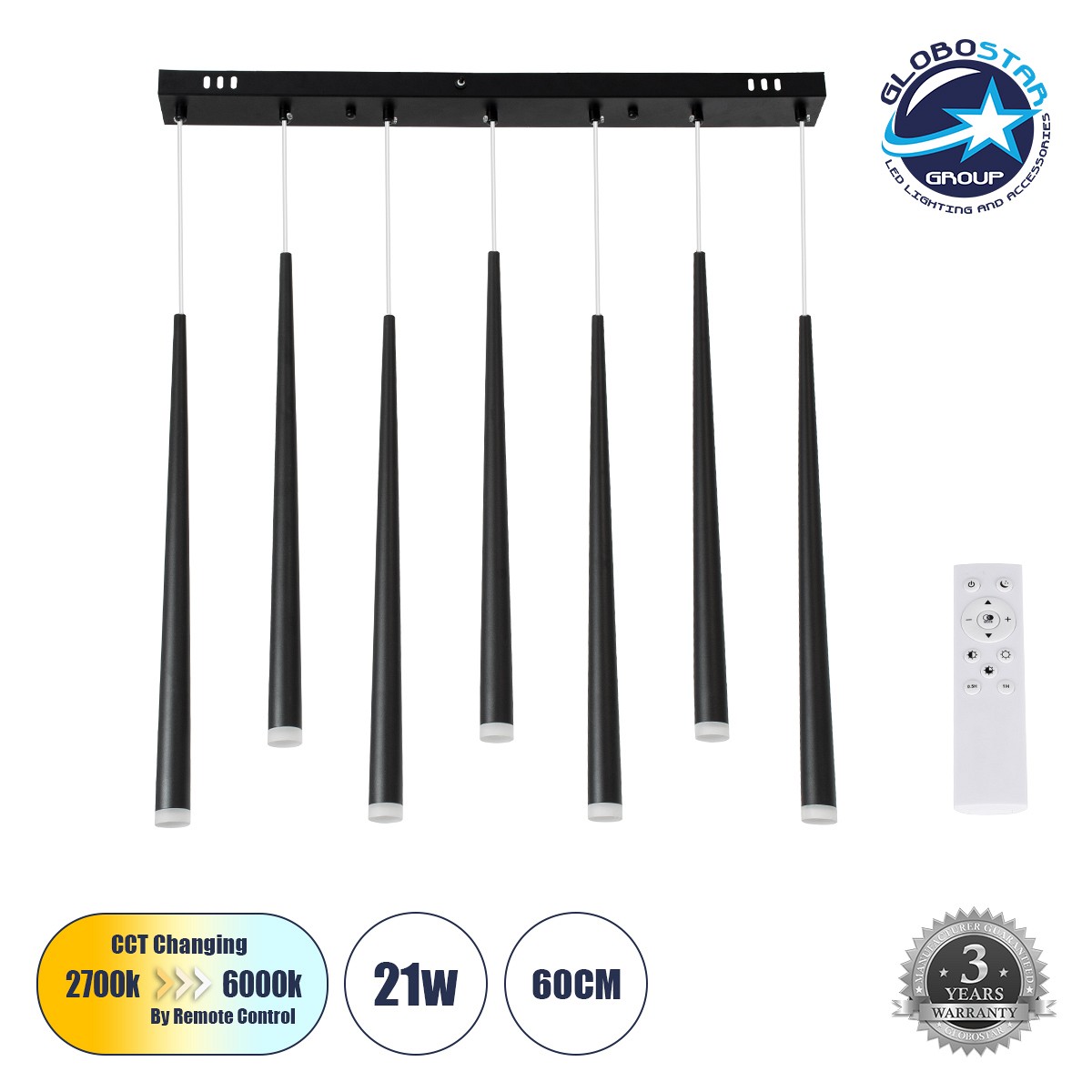 GLOBOSTAR® TEARS 61311 Μοντέρνο Κρεμαστό Φωτιστικό Οροφής LED 21W 2310lm 180° AC 220-240V IP20 Ρυθμιζόμενο Λευκό CCT με Χειριστήριο από 2700K έως 6000K Dimmable - Lumileds SMD Chip - Μαύρο Ματ - Μ70 x Π3.2 x Υ60cm - 3 Χρόνια Εγγύηση