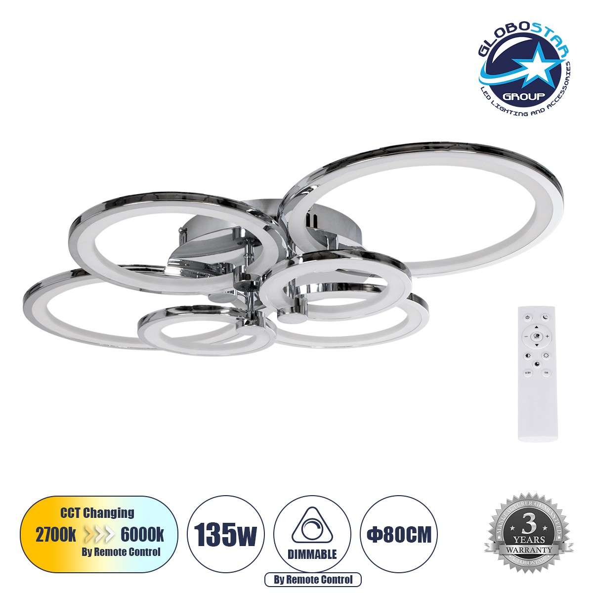 GLOBOSTAR® ROYAL-R 61324 Μοντέρνο Φωτιστικό Οροφής LED 135W 16200lm 360° AC 220-240V IP20 Ρυθμιζόμενο Λευκό CCT με Χειριστήριο από 2700K έως 6000K Dimmable - Lumileds SMD Chip - Ασημί Νίκελ - Μ80.5 x Π59 x Υ12cm - 3 Χρόνια Εγγύηση
