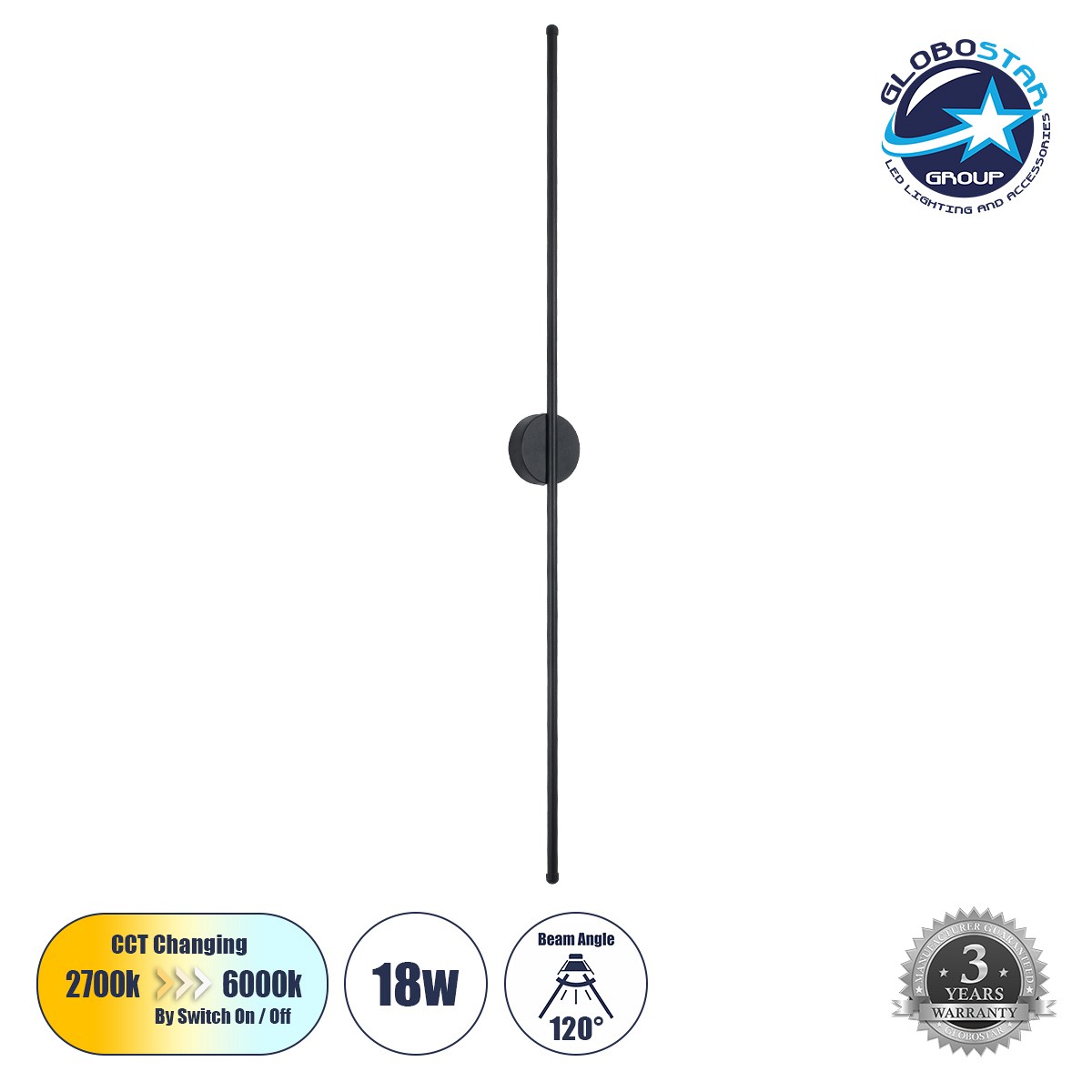 GLOBOSTAR® DIADEM 61333 Μοντέρνο Φωτιστικό Τοίχου - Απλίκα LED 18W 2160lm 120° AC 220-240V IP20 Ρυθμιζόμενο Λευκό CCT με On/Off 2700K/4500K/6000K - Lumileds SMD Chip - Μαύρο Ματ - Μ10 x Π4 x Υ120cm - 3 Χρόνια Εγγύηση