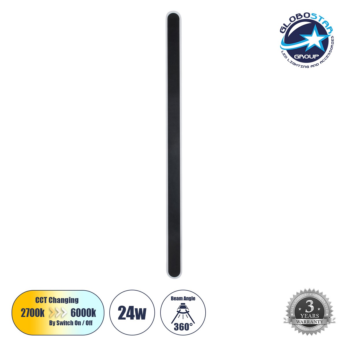 GloboStar® HOUSTON 61349 Φωτιστικό Τοίχου - Απλίκα Design LED CCT 24W 2880lm 360° AC 220-240V - Εναλλαγή Φωτισμού μέσω Διακόπτη On/Off All In One Ψυχρό 6000k+Φυσικό 4500k+Θερμό 2700k Μ6 x Π3 x Υ100cm - Μαύρο - 3 Years Warranty