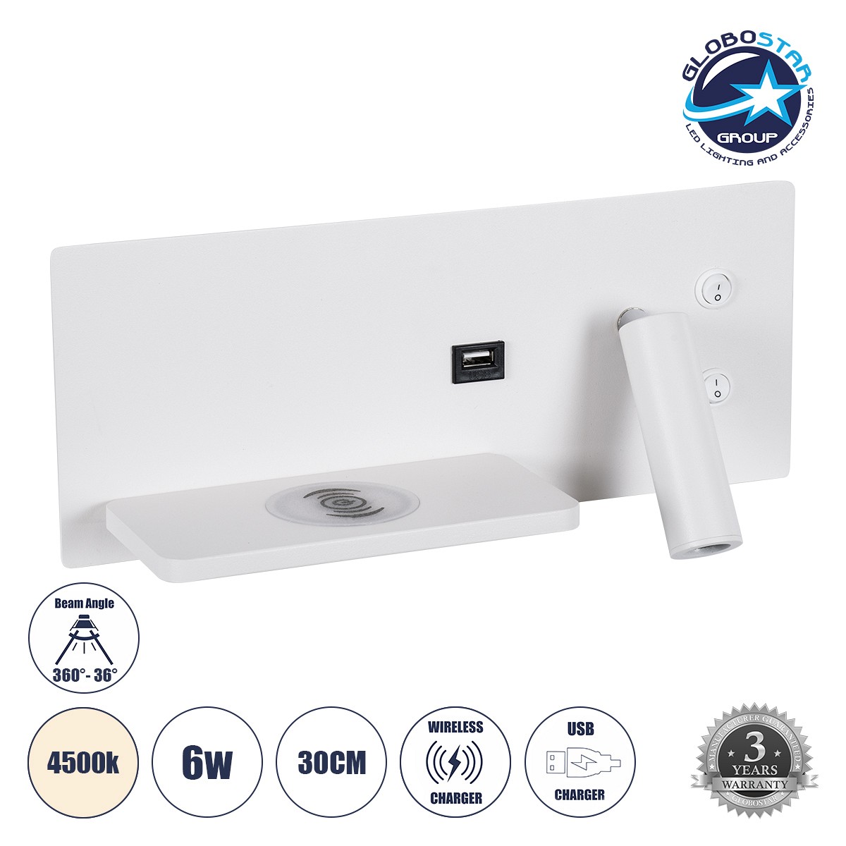 GLOBOSTAR® PALADIN 61353 Μοντέρνο Φωτιστικό Τοίχου - Απλίκα Ξενοδοχείου Reading Light με Φορτιστή USB 3A & Wireless 20W LED 6W 720lm 36° & 360° AC 220-240V IP20 Φυσικό Λευκό 4500K - Bridgelux COB Chip & TÜV SÜD Driver - Λευκό Ματ - Μ30 x Π11 x Υ12cm - 3 Χ