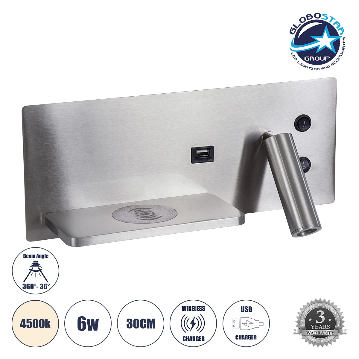 GLOBOSTAR® PALADIN 61355 Μοντέρνο Φωτιστικό Τοίχου - Απλίκα Ξενοδοχείου Reading Light με Φορτιστή USB 3A & Wireless 20W LED 6W 720lm 36° & 360° AC 220-240V IP20 Φυσικό Λευκό 4500K - Bridgelux COB Chip & TÜV SÜD Driver - Νίκελ Βούρτσας - Μ30 x Π11 x Υ12cm
