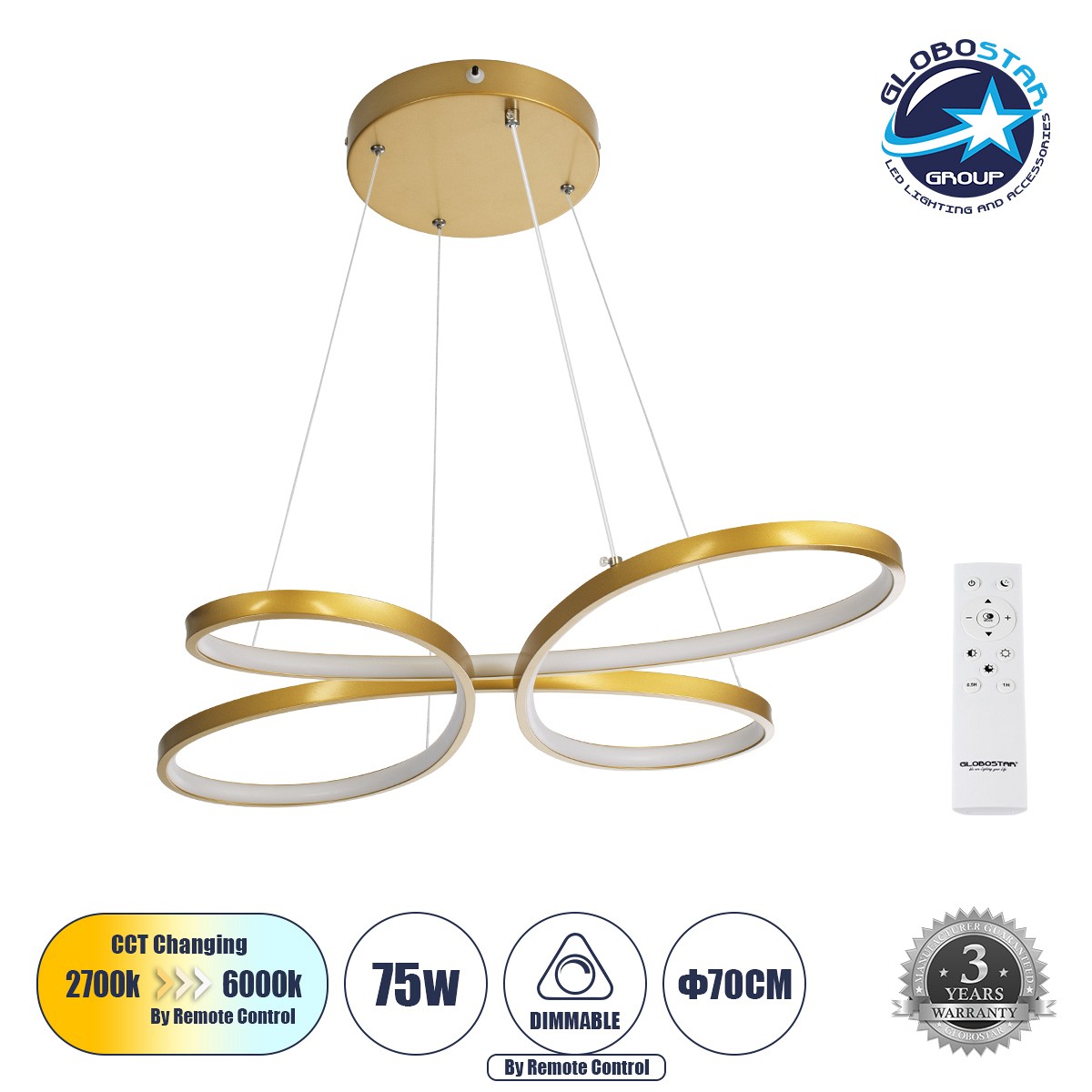 GLOBOSTAR® BUTTERFLY 61393 Μοντέρνο Κρεμαστό Φωτιστικό Οροφής LED 75W 8400lm 300° AC 220-240V IP20 Ρυθμιζόμενο Λευκό CCT με Χειριστήριο από 2700K έως 6000K Dimmable - Lumileds SMD Chip - Χρυσό Βούρτσας - Μ70 x Π55 x Υ4cm - 3 Χρόνια Εγγύηση