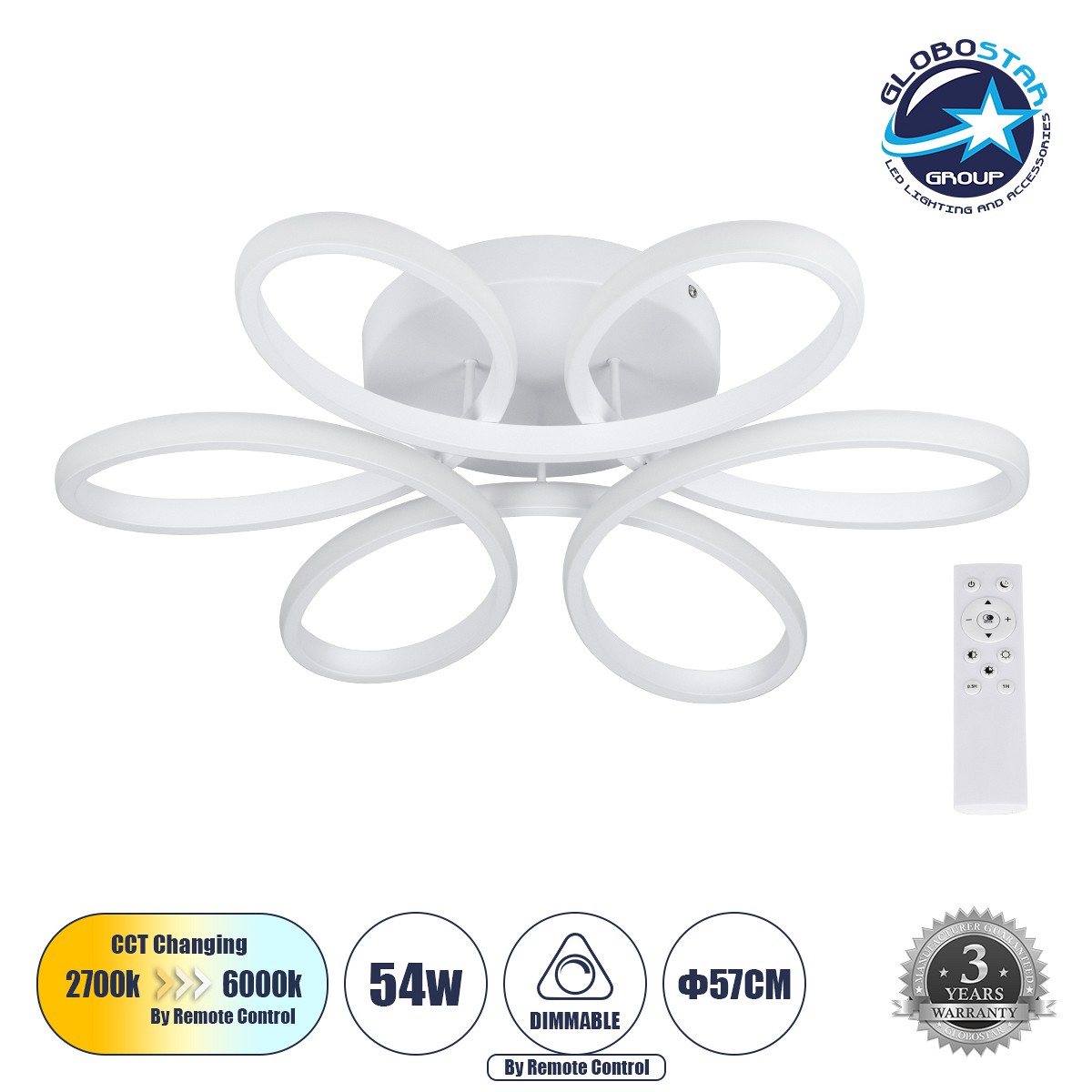 GLOBOSTAR® MARGARET 61401 Μοντέρνο Φωτιστικό Οροφής LED 54W 6210lm 360° AC 220-240V IP20 Ρυθμιζόμενο Λευκό CCT με Χειριστήριο από 2700K έως 6000K Dimmable - Lumileds SMD Chip - Λευκό Ματ - Μ57 x Π57 x Υ12cm - 3 Χρόνια Εγγύηση