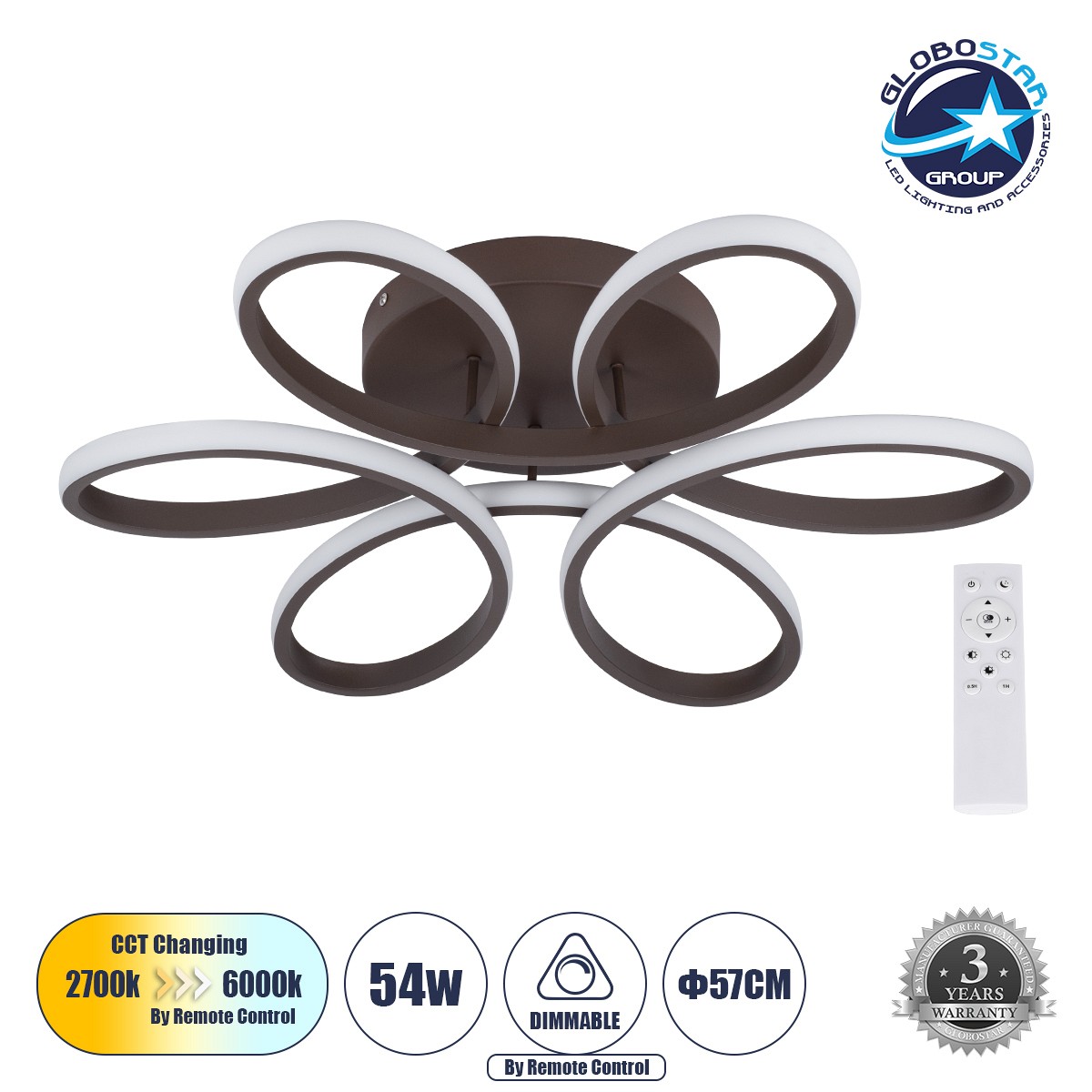 GLOBOSTAR® MARGARET 61402 Μοντέρνο Φωτιστικό Οροφής LED 54W 6210lm 360° AC 220-240V IP20 Ρυθμιζόμενο Λευκό CCT με Χειριστήριο από 2700K έως 6000K Dimmable - Lumileds SMD Chip - Καφέ Ματ - Μ57 x Π57 x Υ12cm - 3 Χρόνια Εγγύηση