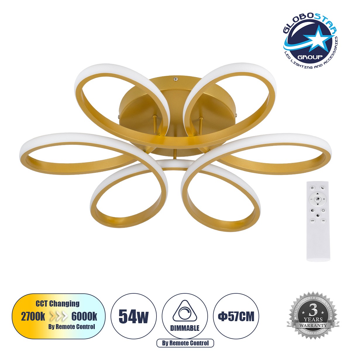 GLOBOSTAR® MARGARET 61403 Μοντέρνο Φωτιστικό Οροφής LED 54W 6210lm 360° AC 220-240V IP20 Ρυθμιζόμενο Λευκό CCT με Χειριστήριο από 2700K έως 6000K Dimmable - Lumileds SMD Chip - Χρυσό Βούρτσας - Μ57 x Π57 x Υ12cm - 3 Χρόνια Εγγύηση