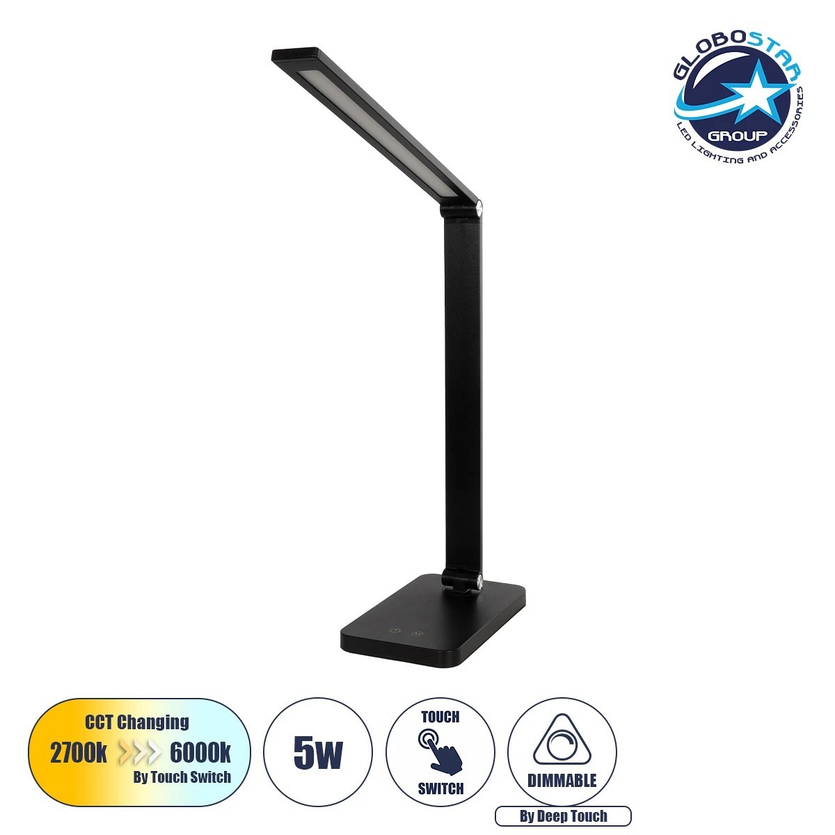 GLOBOSTAR® TEBLA 60481 Μοντέρνο Επιτραπέζιο Φωτιστικό Γραφείου LED 5W 500lm 120° AC 220-240V IP20 Ρυθμιζόμενο Λευκό CCT με Αφή 2700K/4500K/6000K Dimmable - Bridgelux SMD Chip - Μαύρο - Μ11 x Π31 x Υ52cm - 2 Χρόνια Εγγύηση