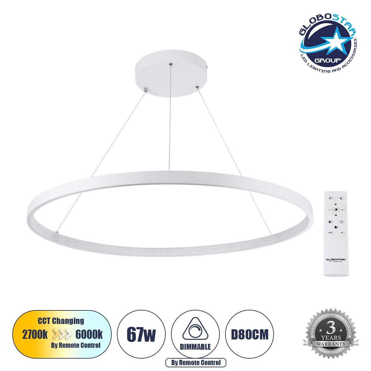 GLOBOSTAR® DIAMOND 61521 Μοντέρνο Κρεμαστό Φωτιστικό Οροφής LED 67W 7504lm 360° AC 220-240V IP20 Ρυθμιζόμενο Λευκό CCT με Χειριστήριο από 2700K έως 6000K Dimmable - Lumileds SMD Chip - Λευκό Ματ - Μ80 x Π80 x Υ110cm - 3 Χρόνια Εγγύηση