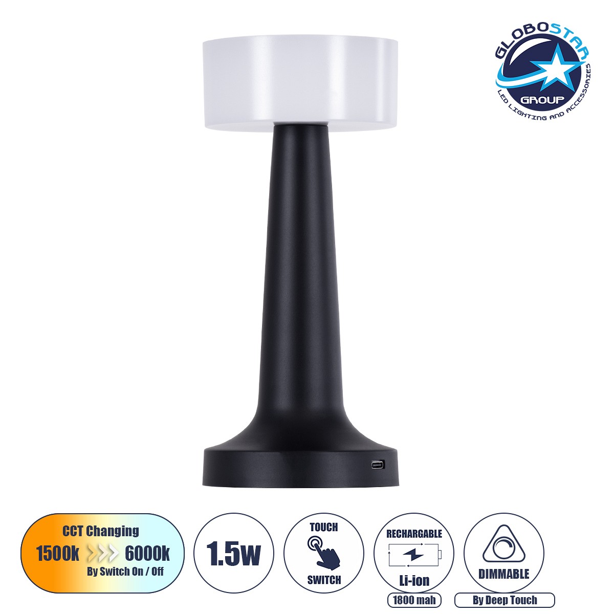 GloboStar® NANNA 76472 Επαναφορτιζόμενο Επιτραπέζιο Φωτιστικό Πορτατίφ LED 1.5W 105lm 120° DC 5V IP44 CCT Ultra Θερμό 1500K - Φυσικό Λευκό 4500K - Ψυχρό Λευκό 6000K Dimmable Μαύρο & Λευκό Πλαστικό - Μ9 x Π9 x Υ21cm - 2 Χρόνια Εγγύηση