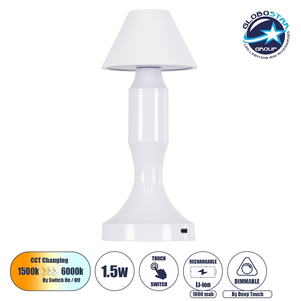 GloboStar® LUNNA 76476 Επαναφορτιζόμενο Επιτραπέζιο Φωτιστικό Πορτατίφ LED 1.5W 105lm 120° DC 5V IP44 CCT Ultra Θερμό 1500K - Φυσικό Λευκό 4500K - Ψυχρό Λευκό 6000K Dimmable Λευκό Πλαστικό - Μ9 x Π9 x Υ23cm- 2 Χρόνια Εγγύηση