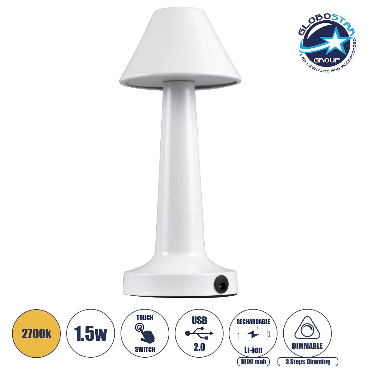 GloboStar® MOLLY 76514 Επαναφορτιζόμενο Επιτραπέζιο Φωτιστικό Πορτατίφ LED 1.5W 105lm 120° DC 5V IP44 Θερμό Λευκό 2700K Dimmable Λευκό Αλουμίνιο - Μ10 x Π10 x Υ23cm - 2 Xρόνια Εγγύηση