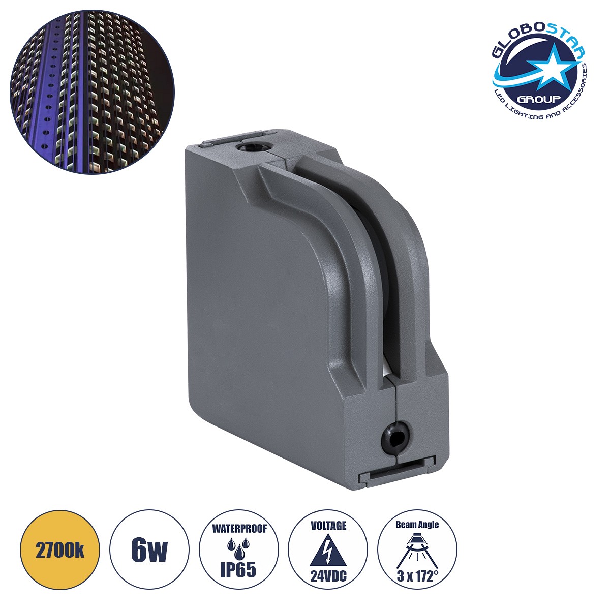 GLOBOSTAR® WINDOW-CORNA 90114 Αρχιτεκτονικό Γωνιακό Φωτιστικό Ανάδειξης Παραθύρων Window Light LED 6W 540lm 3x172° DC 24V Αδιάβροχο IP65 Θερμό Λευκό 2700K Dimmable - Γκρι Ανθρακί - Μ12 x Π4 x Υ12cm - 3 Χρόνια Εγγύηση