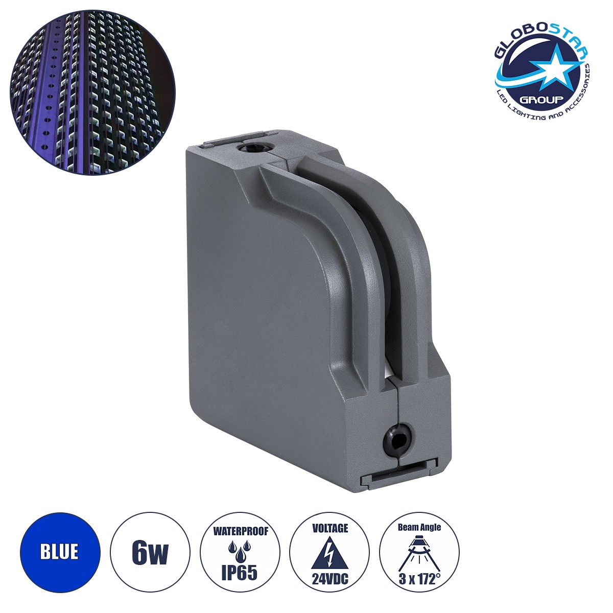 GLOBOSTAR® WINDOW-CORNA 90115 Αρχιτεκτονικό Γωνιακό Φωτιστικό Ανάδειξης Παραθύρων Window Light LED 6W 480lm 3x172° DC 24V Αδιάβροχο IP65 Μπλε Dimmable - Γκρι Ανθρακί - Μ12 x Π4 x Υ12cm - 3 Χρόνια Εγγύηση