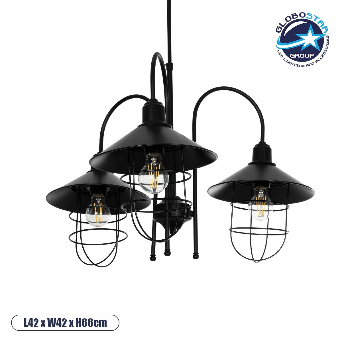 GLOBOSTAR® BLAZEO 201-0079 Vintage Κρεμαστό Φωτιστικό Οροφής με Ντουί 3 x E27 AC 220-240V IP20 - Μαύρο - Μ42 x Π42 x Υ66cm