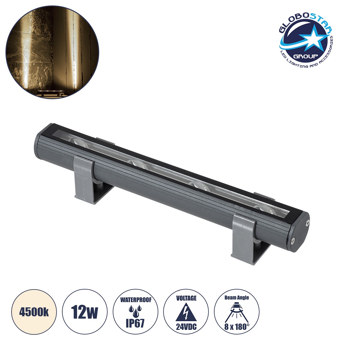 GLOBOSTAR® WINDOW-BARI 90538 Αρχιτεκτονικό Φωτιστικό Ανάδειξης Παραθύρων Window Light LED 12W 1140lm 8x180° DC 24V Αδιάβροχο IP67 Φυσικό Λευκό 4500K Dimmable - Γκρι Ανθρακί - Μ30 x Π4 x Υ3.5cm - 3 Χρόνια Εγγύηση