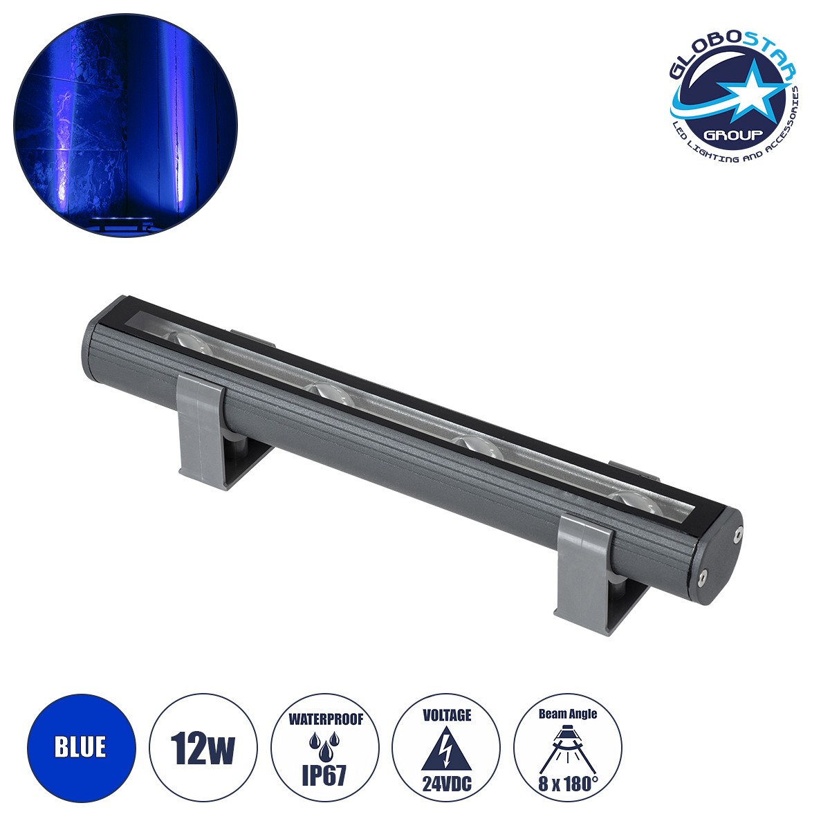 GLOBOSTAR® WINDOW-BARI 90539 Αρχιτεκτονικό Φωτιστικό Ανάδειξης Παραθύρων Window Light LED 12W 960lm 8x180° DC 24V Αδιάβροχο IP67 Μπλε Dimmable - Γκρι Ανθρακί - Μ30 x Π4 x Υ3.5cm - 3 Χρόνια Εγγύηση