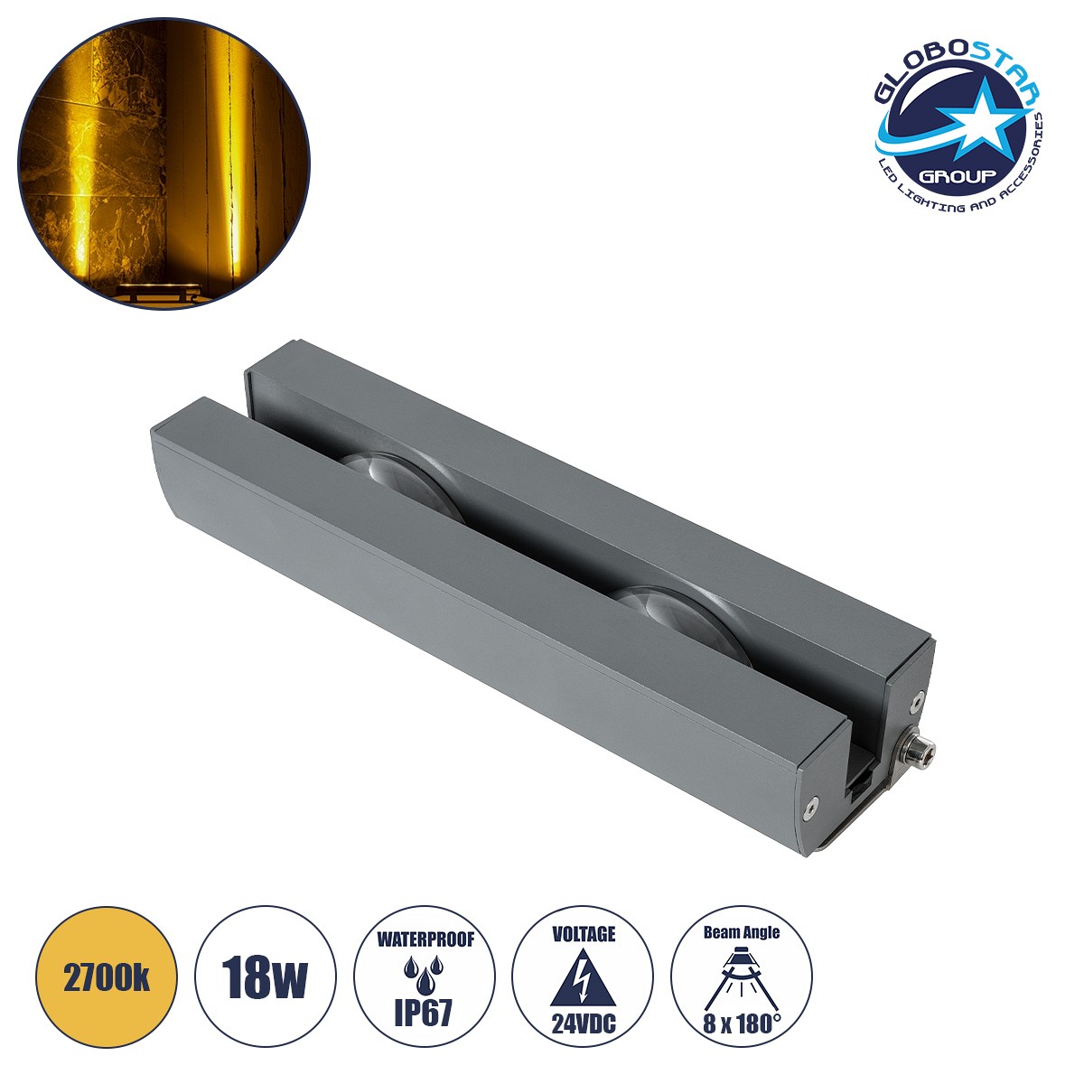 GLOBOSTAR® WINDOW-ARTE 90719 Αρχιτεκτονικό Φωτιστικό Ανάδειξης Παραθύρων Window Light LED 18W 1620lm 8x180° DC 24V Αδιάβροχο IP67 Θερμό Λευκό 2700K Dimmable - Γκρι Ανθρακί - Μ25 x Π7 x Υ4.5cm - 3 Χρόνια Εγγύηση