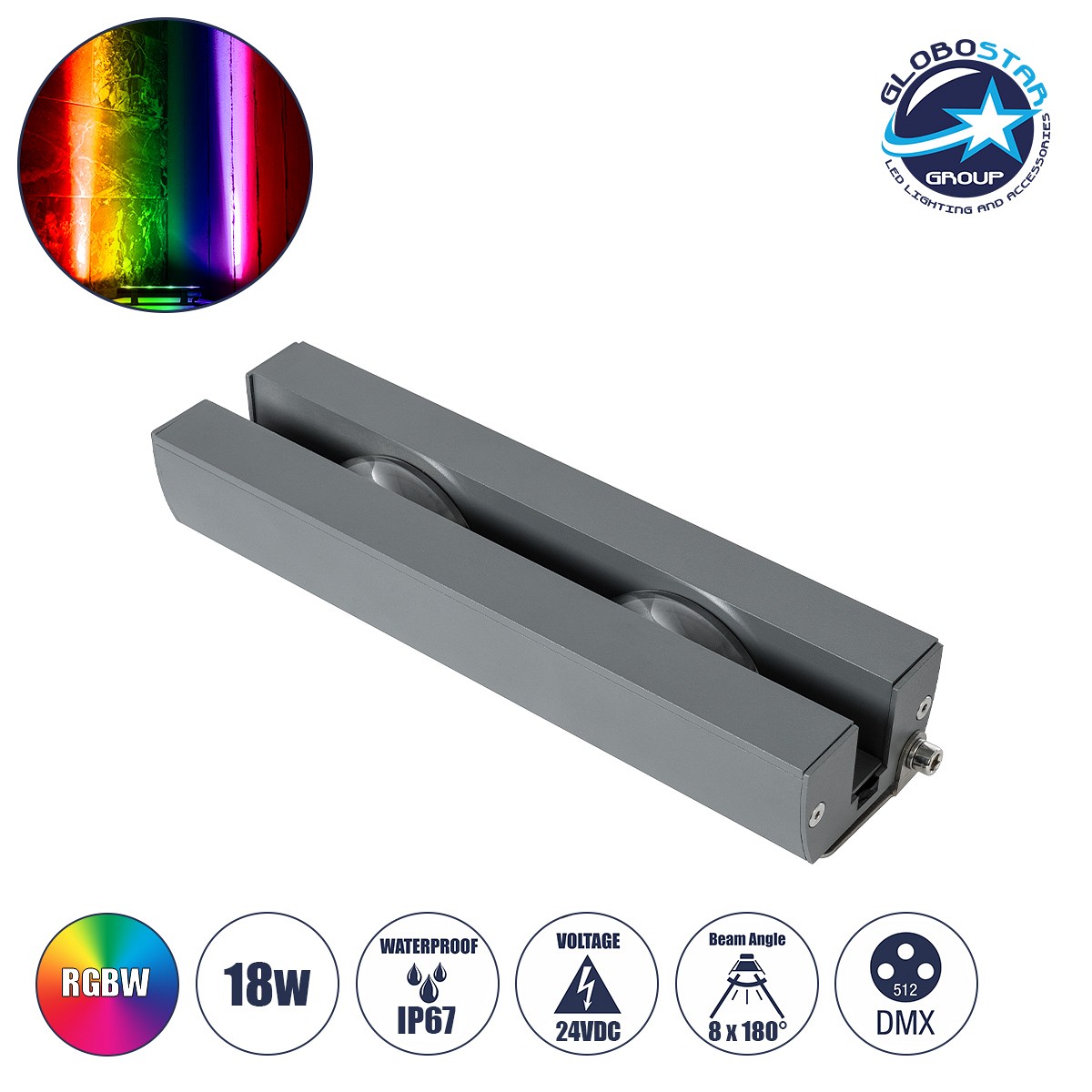 GLOBOSTAR® WINDOW-ARTE 90721 Αρχιτεκτονικό Φωτιστικό Ανάδειξης Παραθύρων Window Light LED 18W 1530lm 8x180° DC 24V Αδιάβροχο IP67 RGBW DMX512 Dimmable - Γκρι Ανθρακί - Μ25 x Π7 x Υ4.5cm - 3 Χρόνια Εγγύηση