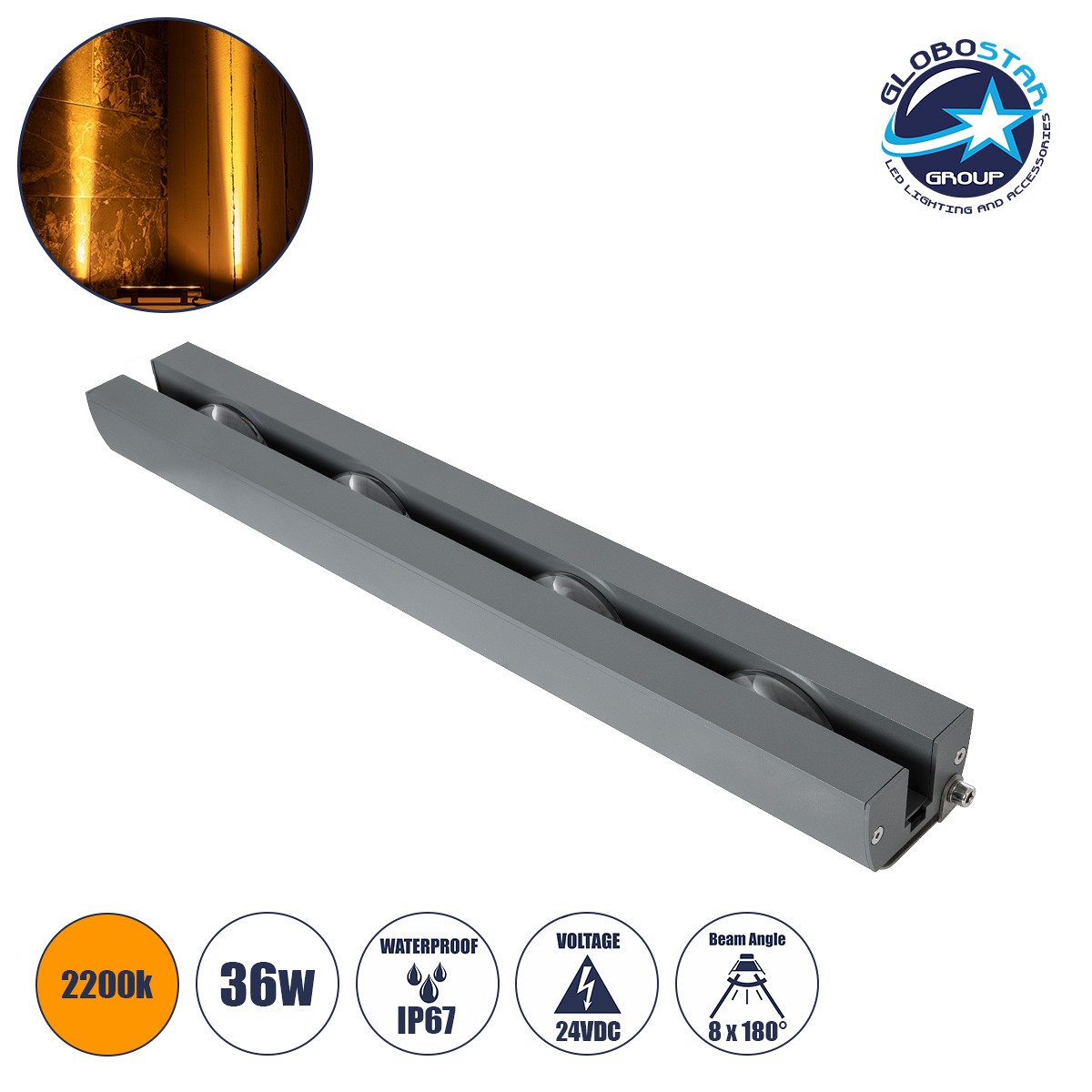 GLOBOSTAR® WINDOW-ARTE 90722 Φωτιστικό Ανάδειξης Παραθύρων Window Light LED 36W 3060lm 8x180° DC 24V Αδιάβροχο IP67 Πορτοκαλί 2200K Dimmable - Γκρι Ανθρακί - Μ25 x Π7 x Υ4.5cm - 3 Χρόνια Εγγύηση