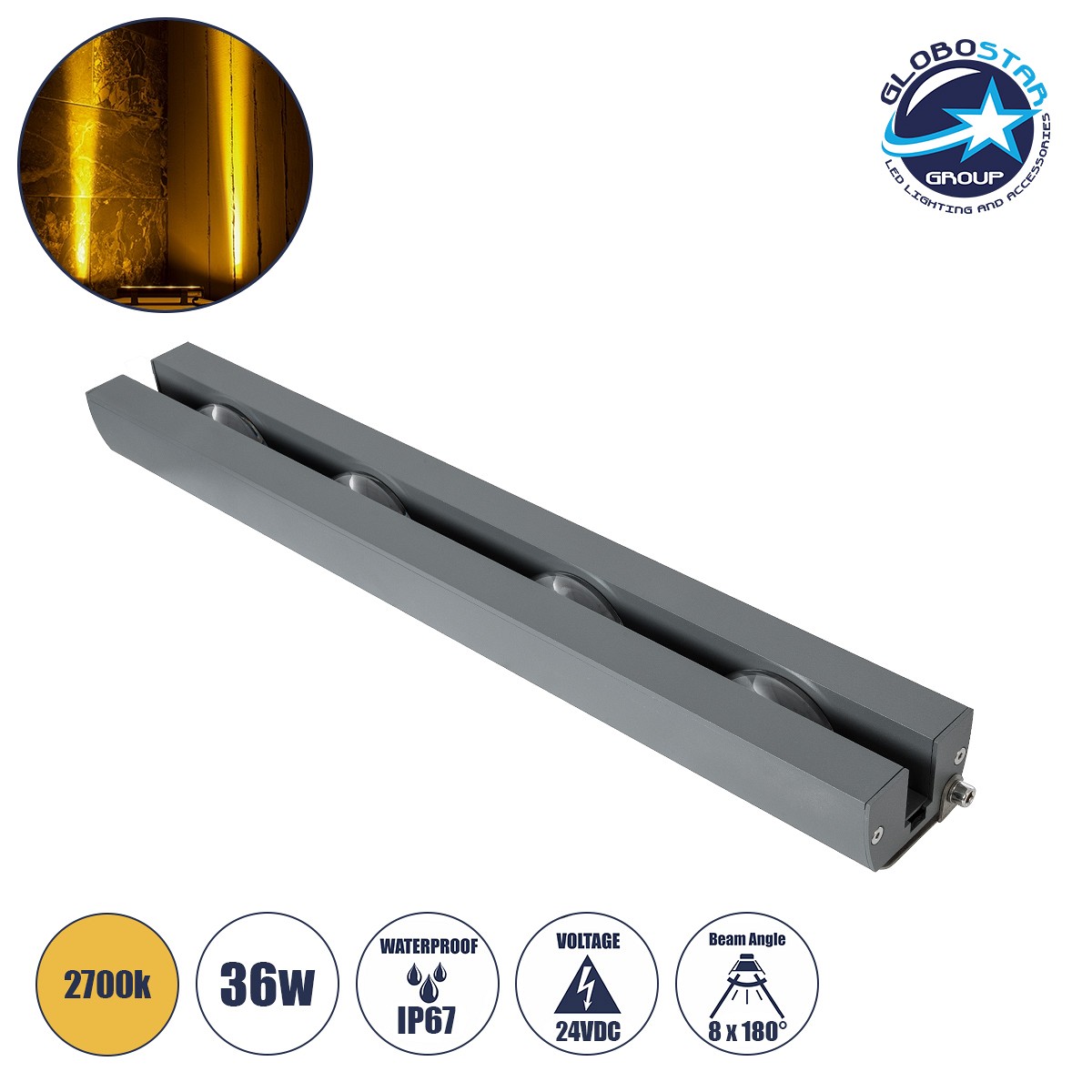 GLOBOSTAR® WINDOW-ARTE 90723 Αρχιτεκτονικό Φωτιστικό Ανάδειξης Παραθύρων Window Light LED 36W 3240lm 8x180° DC 24V Αδιάβροχο IP67 Θερμό Λευκό 2700K Dimmable - Γκρι Ανθρακί - Μ50 x Π7 x Υ4.5cm - 3 Χρόνια Εγγύηση