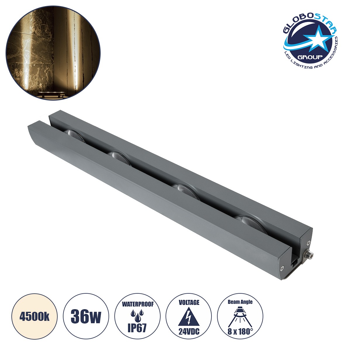 GLOBOSTAR® WINDOW-ARTE 90724 Αρχιτεκτονικό Φωτιστικό Ανάδειξης Παραθύρων Window Light LED 36W 3420lm 8x180° DC 24V Αδιάβροχο IP67 Φυσικό Λευκό 4500K Dimmable - Γκρι Ανθρακί - Μ50 x Π7 x Υ4.5cm - 3 Χρόνια Εγγύηση