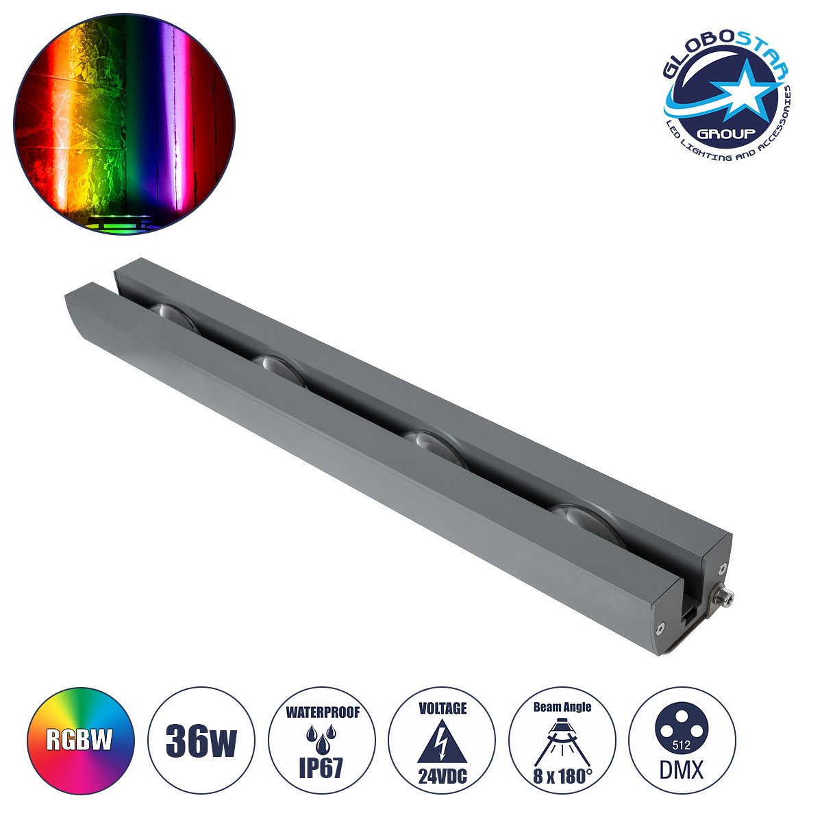 GLOBOSTAR® WINDOW-ARTE 90725 Αρχιτεκτονικό Φωτιστικό Ανάδειξης Παραθύρων Window Light LED 36W 3060lm 8x180° DC 24V Αδιάβροχο IP67 RGBW DMX512 Dimmable - Γκρι Ανθρακί - Μ50 x Π7 x Υ4.5cm - 3 Χρόνια Εγγύηση