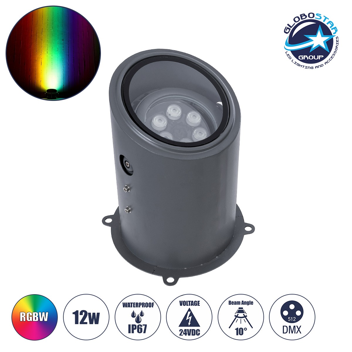 GloboStar® FLOOD-MILO 90736 Κινούμενος Προβολέας - Σποτ Φωτισμού Wall Washer για Φωτισμό Κτιρίων LED 12W 1020lm 10° DC 24V Αδιάβροχο IP67 Φ17 x Υ26cm RGBW DMX512 - Γκρι Ανθρακί - 3 Χρόνια Εγγύηση