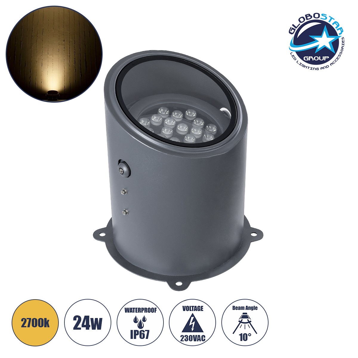 GloboStar® FLOOD-MILO 90737 Κινούμενος Προβολέας - Σποτ Φωτισμού Wall Washer για Φωτισμό Κτιρίων LED 24W 2160lm 10° AC 220-240V Αδιάβροχο IP67 Φ22 x Υ30cm Θερμό Λευκό 2700K - Γκρι Ανθρακί - 3 Χρόνια Εγγύηση