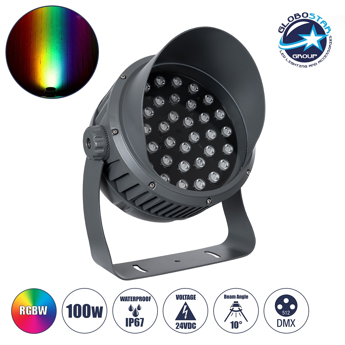 GLOBOSTAR® FLOOD-DIMO 90748 Προβολέας Σποτ Wall Washer με Αντιθαμβωτική Γρίλια LED 100W 8500lm 10° DC 24V Αδιάβροχο IP67 RGBW DMX512 Dimmable - Γκρι Ανθρακί - Μ34 x Π36 x Υ44cm - 3 Χρόνια Εγγύηση