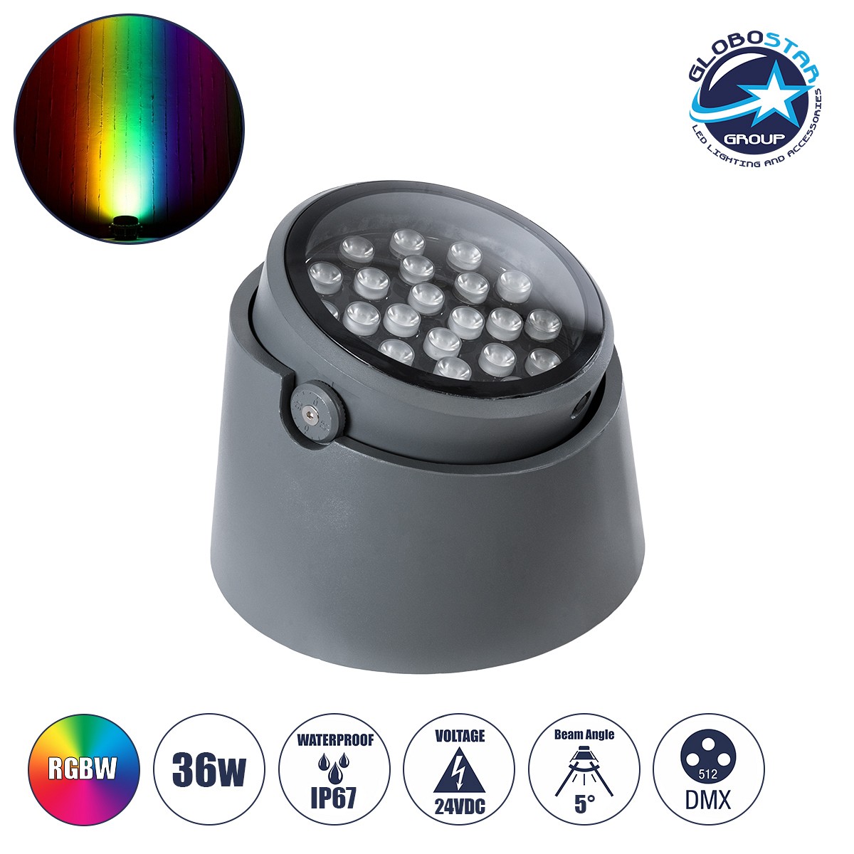 GloboStar® FLOOD-RANA 90751 Κινούμενος Προβολέας - Σποτ Φωτισμού Wall Washer για Φωτισμό Κτιρίων LED 36W 3060lm 5° DC 24V Αδιάβροχο IP67 Φ26 x Υ18cm RGBW DMX512 - Γκρι Ανθρακί - 3 Χρόνια Εγγύηση