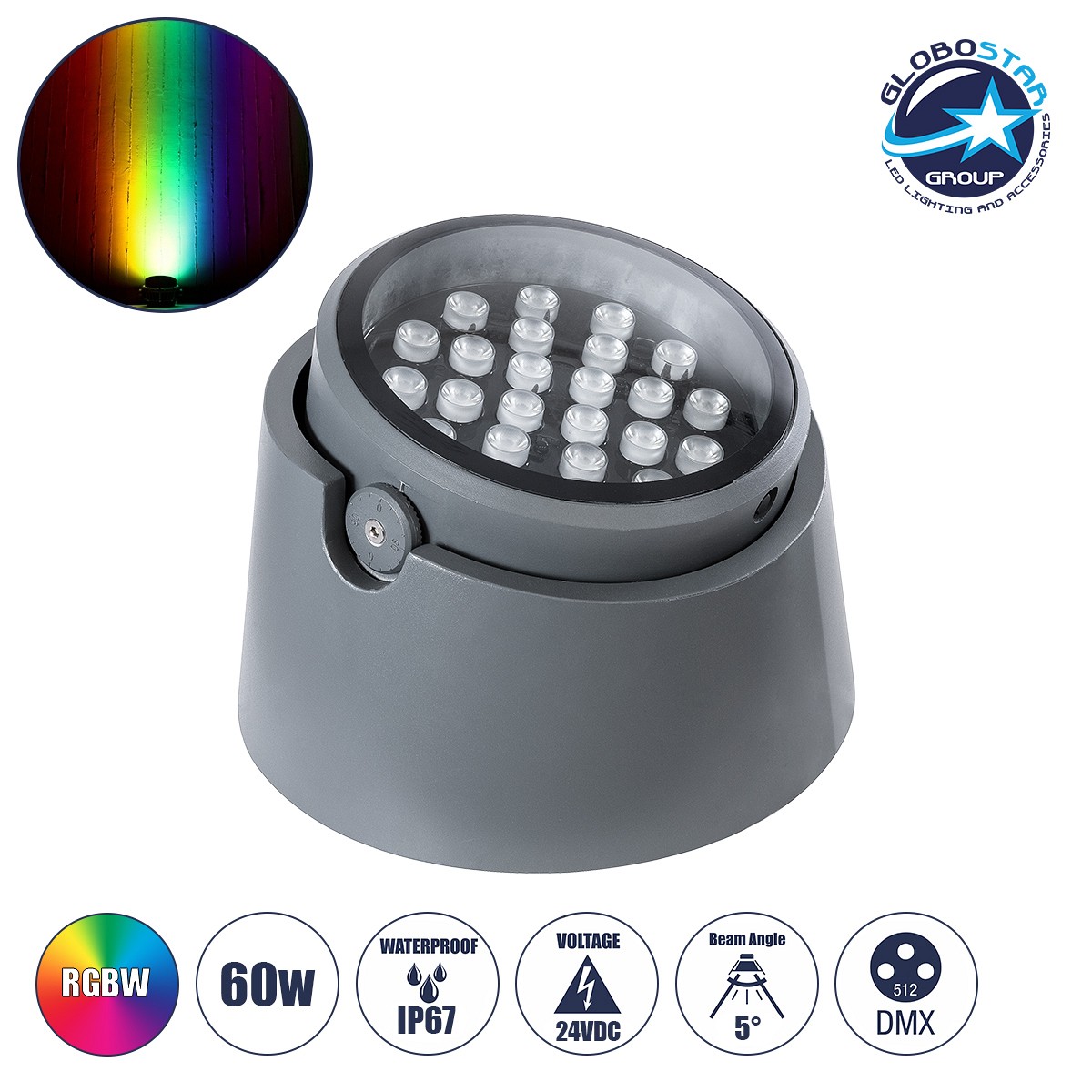 GloboStar® FLOOD-RANA 90752 Κινούμενος Προβολέας - Σποτ Φωτισμού Wall Washer για Φωτισμό Κτιρίων LED 60W 5100lm 5° DC 24V Αδιάβροχο IP67 Φ30 x Υ20cm RGBW DMX512 - Γκρι Ανθρακί - 3 Χρόνια Εγγύηση