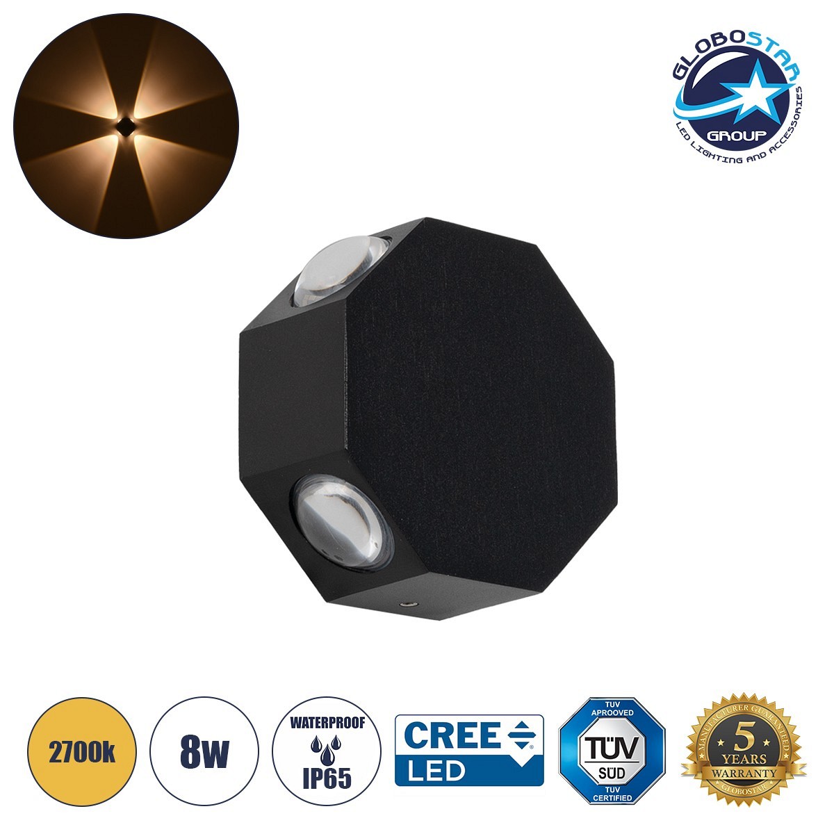 GLOBOSTAR® HIKARI 60687 Μοντέρνο Φωτιστικό Τοίχου - Απλίκα LED 8W 1000lm 30° AC 220-240V Αδιάβροχο IP65 Θερμό Λευκό 2700K - CREE XPE Chip & TÜV SÜD Driver - Μαύρο Ματ - Μ10 x Π4 x Υ10cm - 5 Χρόνια Εγγύηση