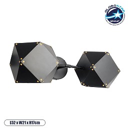 GloboStar® WELLES 00795 Μοντέρνο Επιτοίχιο Φωτιστικό Απλίκα Δίφωτο 2 x E14 IP20 Μαύρο & Χρυσό Μέταλλο - Μ52 x Π21 x Υ17cm