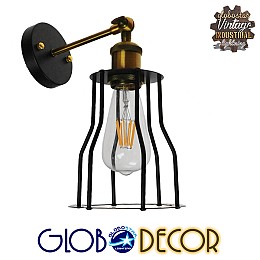 GloboStar® CATEL 01054 Vintage Επιτοίχιο Φωτιστικό Απλίκα Μονόφωτο 1 x E27 IP20 Μαύρο & Χρυσό Μέταλλο - Μ15 x Π26 x Υ31cm