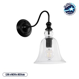 GloboStar® LILLY 01064 Vintage Επιτοίχιο Φωτιστικό Απλίκα Μονόφωτο 1 x E27 IP20 Μαύρο Μέταλλο με Διάφανο Γυαλί - Μ38 x Π20 x Υ37cm