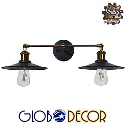 GLOBOSTAR® MINIMALL 01069 Vintage Φωτιστικό Τοίχου - Απλίκα με Ντουί 2 x E27 AC 220-240V IP20 - Μαύρο & Χρυσό - Μ30 x Π60 x Υ18cm