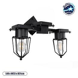 GloboStar® TORO 01079 Vintage Επιτοίχιο Φωτιστικό Απλίκα Δίφωτο 2 x E27 IP20 Μαύρο Μέταλλο - Μ44 x Π33 x Υ21cm