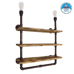 GloboStar® ENIMAS 01217 Vintage Επιτοίχιο Φωτιστικό Απλίκα Δίφωτο 2 x E27 IP20 Χάλκινο Μέταλλο με Καφέ Ξύλο - Μ65 x Π23 x Υ76cm