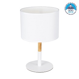 GloboStar® BRONX 01520 Μοντέρνο Επιτραπέζιο Φωτιστικό Πορτατίφ Μονόφωτο 1 x E27 IP20 Λευκό Μέταλλο, Μπεζ Ξύλο με Λευκό Ύφασμα - Μ25 x Π25 x Υ40cm