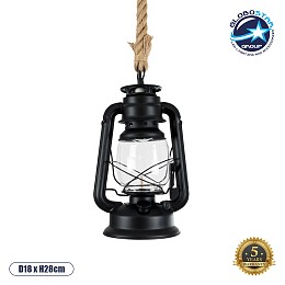 GLOBOSTAR® BARBAROSSA 01704 Vintage Κρεμαστό Φωτιστικό Οροφής με Ντουί 1 x E27 AC 220-240V IP20 - Μαύρο - Μ18 x Π18 x Υ28cm