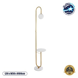 GloboStar® CORDELIA 02025 Μοντέρνο Επιδαπέδιο Φωτιστικό Μονόφωτο 1 x E27 IP20 Χρυσό Μέταλλο, Λευκό Γυαλί με Λευκό Μάρμαρο - Μ30 x Π38 x Υ180cm