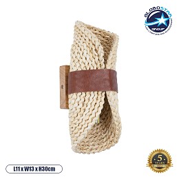 GloboStar® GUAVA 02385 Boho Επιτοίχιο Φωτιστικό Απλίκα Δίφωτο 2 x G9 IP20 Μπεζ Ξύλο με Καφέ Δέρμα - Μ11 x Π13 x Υ30cm