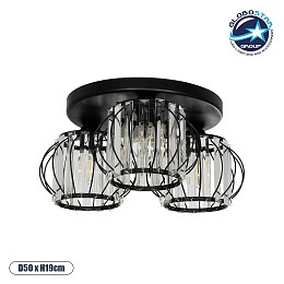 GLOBOSTAR® ILLUME 201-0100 Vintage Φωτιστικό Οροφής με Ντουί 3 x E27 AC 220-240V IP20 - Μαύρο & Διάφανο - Μ50 x Π50 x Υ19cm