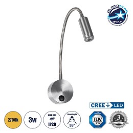 GloboStar® GOOSE 61691 Φωτιστικό Τοίχου - Απλίκα LED 3W 300lm 36° AC 220-240V IP20 - Reading Light - Θερμό Λευκό 2700K Ασημί Αλουμίνιο - Μ6.5 x Π22.5 x Υ23cm - 5 Xρόνια Εγγύηση
