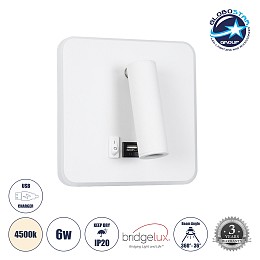 GLOBOSTAR® LADY-S 60943 Μοντέρνο Φωτιστικό Τοίχου - Απλίκα Ξενοδοχείου Reading Light με Φορτιστή USB 3A LED 6W 600lm 36° & 360° AC 220-240V IP20 Φυσικό Λευκό 4500K - Bridgelux COB Chip & TÜV SÜD Driver - Λευκό Ματ - Μ15 x Π15 x Υ7cm - 3 Χρόνια Εγγύηση