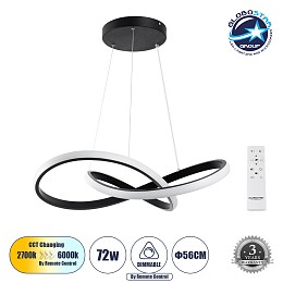 GLOBOSTAR® DEXTER 61049 Μοντέρνο Κρεμαστό Φωτιστικό Οροφής LED 72W 8064lm 300° AC 220-240V IP20 Ρυθμιζόμενο Λευκό CCT με Χειριστήριο από 2700K έως 6000K Dimmable - Lumileds SMD Chip - Μαύρο Ματ - Μ56 x Π56 x Υ14cm - 3 Χρόνια Εγγύηση