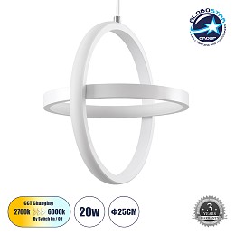 GLOBOSTAR® ALICE 61056 Μοντέρνο Κρεμαστό Φωτιστικό Οροφής LED 20W 2400lm 300° AC 220-240V IP20 Ρυθμιζόμενο Λευκό CCT με On/Off 2700K/4500K/6000K - Lumileds SMD Chip - Λευκό Ματ - Μ25 x Π22 x Υ25cm - 3 Χρόνια Εγγύηση