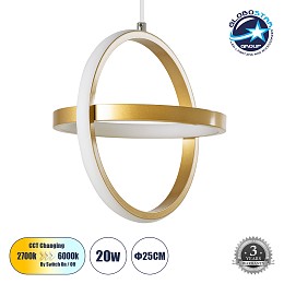 GLOBOSTAR® ALICE 61057 Μοντέρνο Κρεμαστό Φωτιστικό Οροφής LED 20W 2400lm 300° AC 220-240V IP20 Ρυθμιζόμενο Λευκό CCT με On/Off 2700K/4500K/6000K - Lumileds SMD Chip - Χρυσό Βούρτσας - Μ25 x Π22 x Υ25cm - 3 Χρόνια Εγγύηση