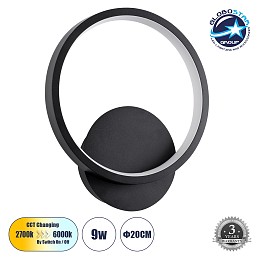 GloboStar® TED 61070 Φωτιστικό Τοίχου - Απλίκα Design LED CCT 9W 1080lm 300° AC 220-240V - Εναλλαγή Φωτισμού μέσω Διακόπτη On/Off All In One Ψυχρό 6000k+Φυσικό 4500k+Θερμό 2700k Μ20 x Π5.5 x Υ23cm - Μαύρο